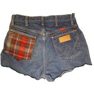 Vtg Wrangler Cowgirl Distressed Cutoff Jean Shorts Denim Plaid Wool Accents 28